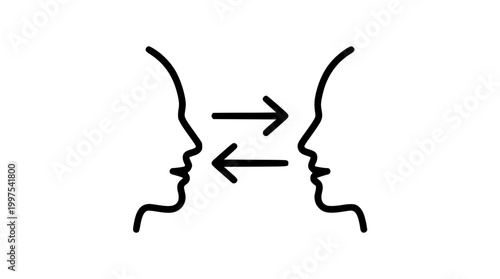 Minimalist vector graphic of two heads exchanging information arrows