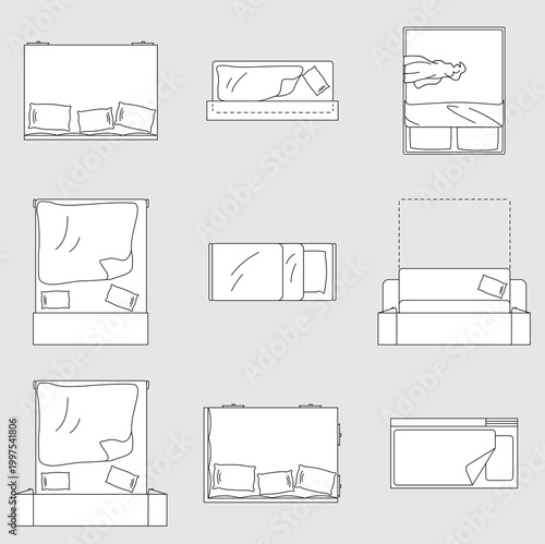 Collection of top-down furniture icons featuring various bed types for floor plan design.