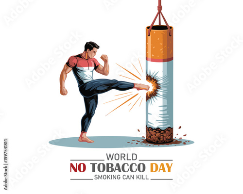 May 31st World No Tobacco Day poster design. Man kicking boxing cigarette defines to man fighting to quit smoking. Stop smoking poster for disease warning. No smoking banner.
