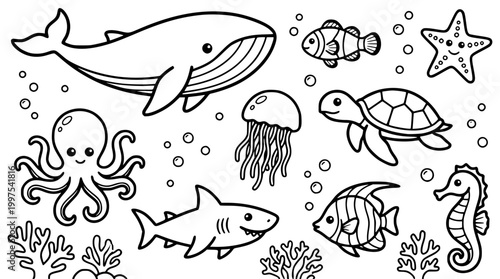 Cute ocean animals vector illustration for kids coloring book page
