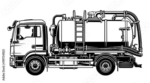 Black and white vector illustration of a vacuum truck