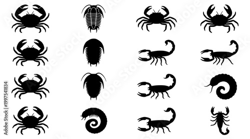 Set of black silhouette icons depicting various arthropod animal species