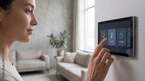 Female user interacting with smart home control panel on wall, displaying climate and security options in modern living room with sofa and plant