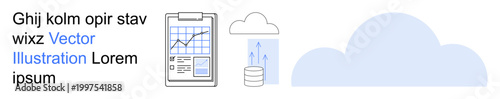 Cloud storage, data analytics, technology infrastructure, information processing, digital transformation, remote systems. Graph on clipboard, cloud icon and database. Cloud storage and data