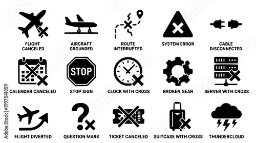 Set of black flat vector icons representing various status issues