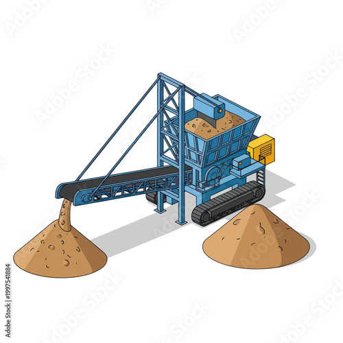 Isometric illustration of a mobile industrial conveyor machine processing and piling bulk materials.
