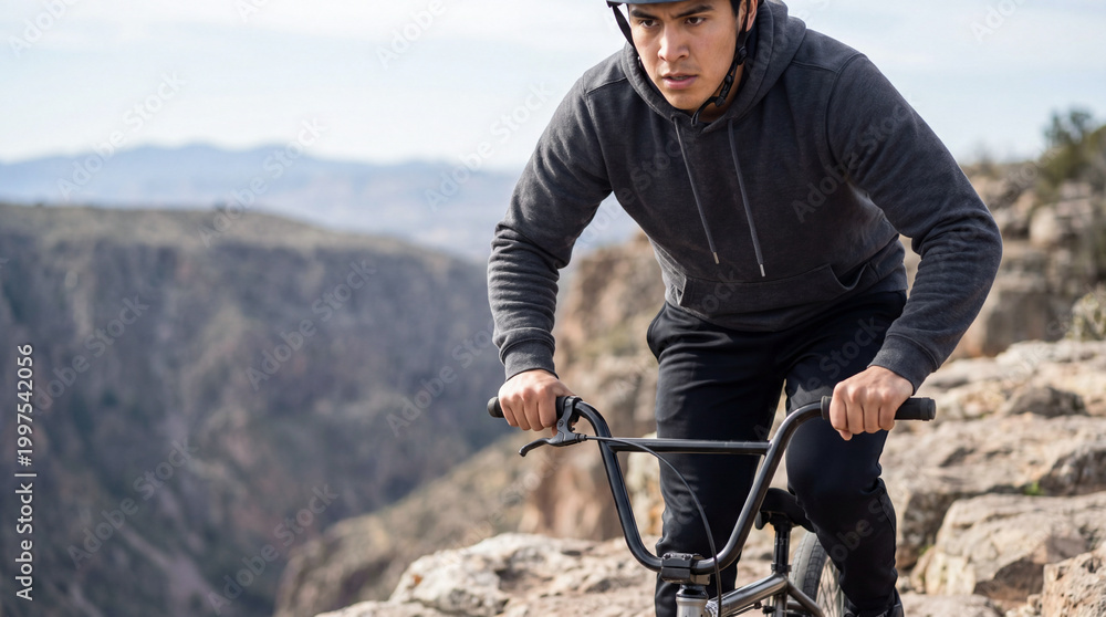 Fototapeta premium Male BMX cyclist in gray hoodie rides bike on rocky cliff edge with mountainous landscape and blue sky in the background, showcasing outdoor adventure and sport