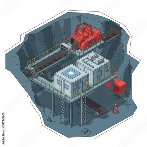 Isometric underground mining facility with conveyor belts and machinery.