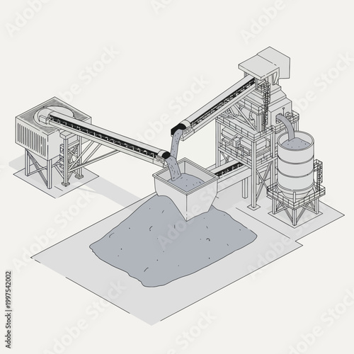 Isometric illustration of an industrial cement manufacturing plant with conveyor belts and storage silos.
