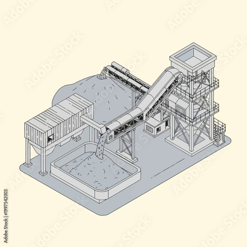 Isometric illustration of an industrial sand processing plant with conveyor belts and storage units.
