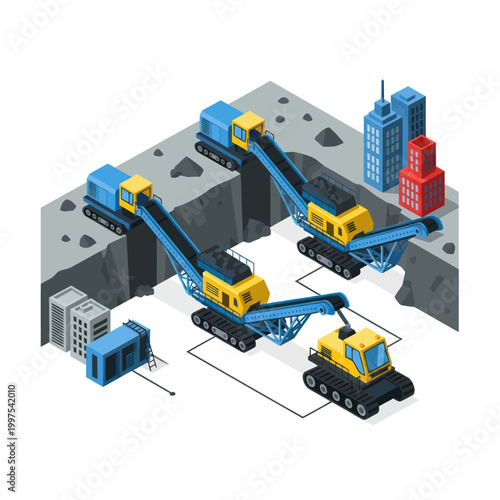 Isometric illustration of mining machinery extracting minerals from an open pit mine near industrial buildings.