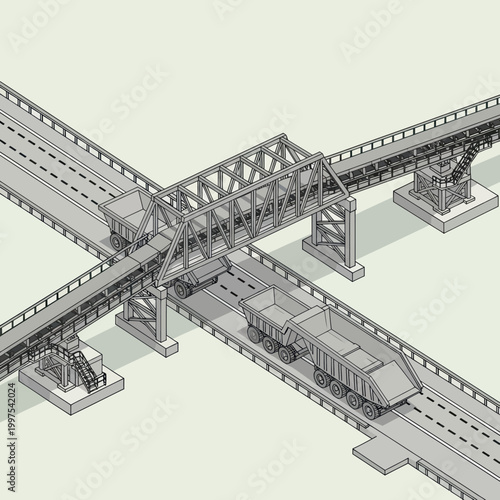 Isometric illustration of intersecting railway tracks with trains and a bridge structure.