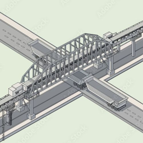 Isometric illustration of a drawbridge over a highway with trucks crossing.