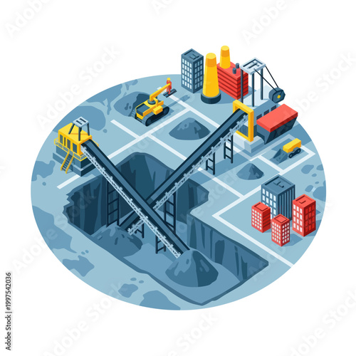 Isometric illustration of an industrial mining site with machinery and conveyor belts.