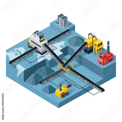 Isometric illustration of an industrial mining site with machinery and conveyor belts.