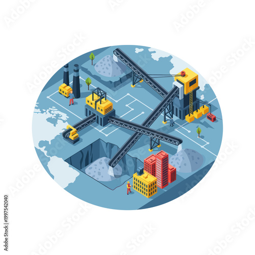 Isometric illustration of underground mining operation with machinery and workers.