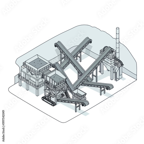 Isometric illustration of an industrial manufacturing plant with conveyor belts and processing units.