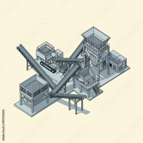 Isometric illustration of an industrial mining facility with conveyor belts and processing towers.