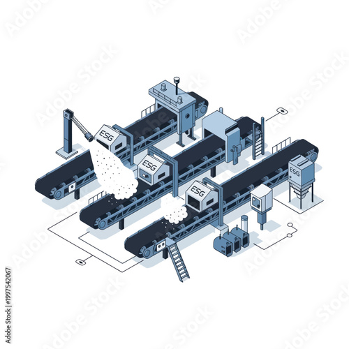 Isometric illustration of automated factory production line with robotic arms and conveyor belts.