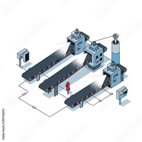 Isometric illustration of automated factory production line with conveyor belts and robotic arms.