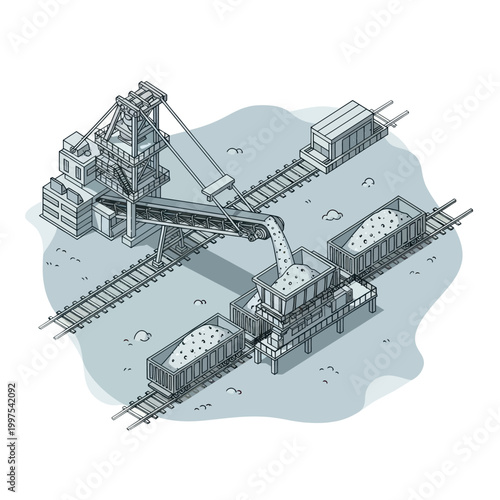 Isometric illustration of industrial coal loading and unloading facility with conveyor belts and railcars.