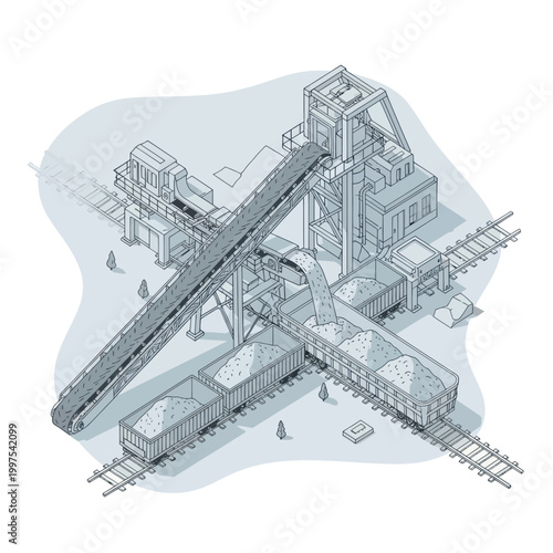 Isometric illustration of an industrial coal mining and processing facility with conveyor belts and rail transport.