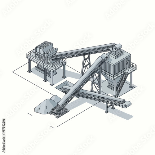 Isometric illustration of industrial conveyor belt and processing machinery.