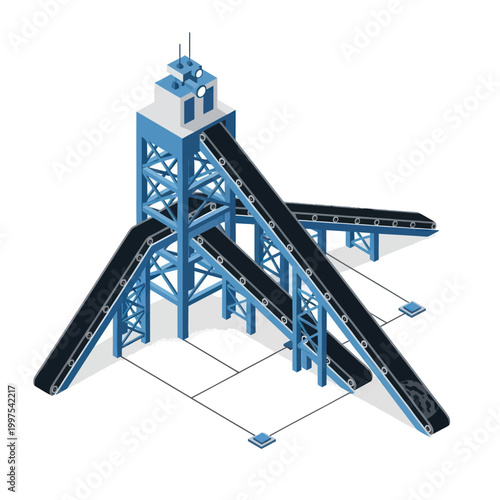 Isometric industrial conveyor belt system with supporting blue steel structure.