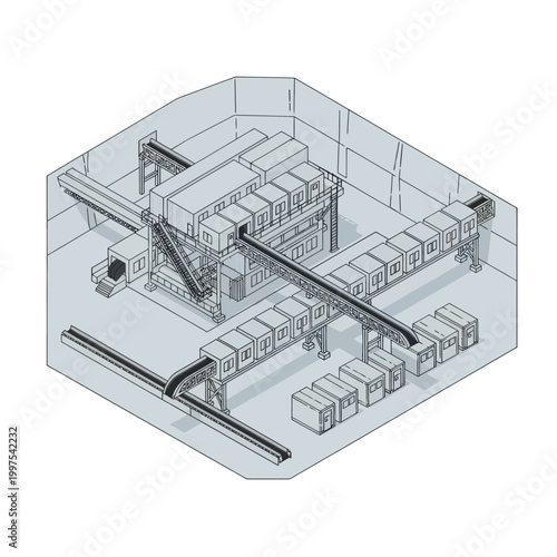 Isometric illustration of an industrial conveyor system with machinery and boxes.