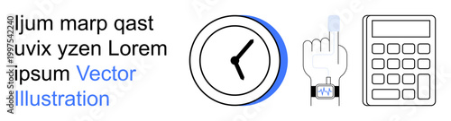 Time management, smart devices, health monitoring, productivity tools, modern technology, wearable tech. Features a clock, smart device and calculator. Time management and wearable tech