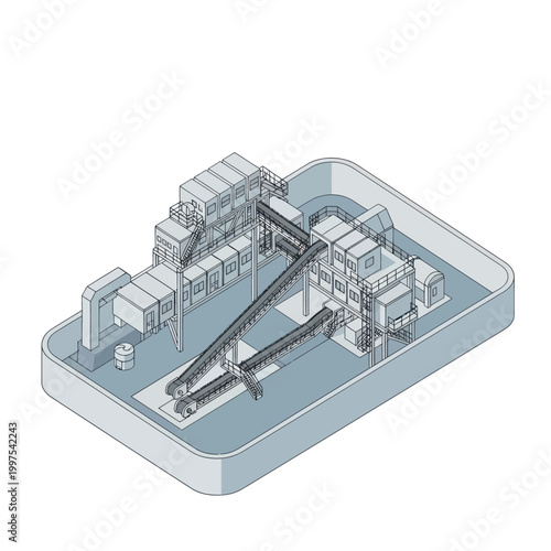 Isometric illustration of an industrial manufacturing plant with conveyor belts and machinery.
