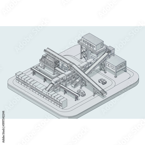 Isometric illustration of an industrial factory complex with machinery and conveyor belts.