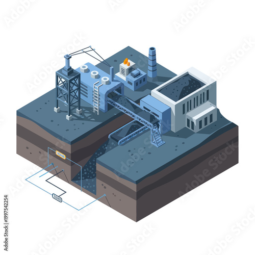 Isometric illustration of a modern industrial factory with conveyor belts and machinery.