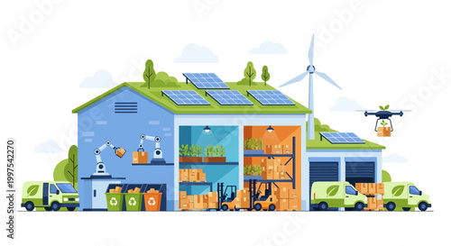 Sustainable Smart Factory and Green Logistics. Eco-Friendly Production, Renewable Energy, Automated Supply Chain, Urban Farming, and Drone Delivery.