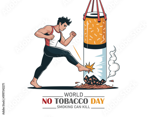 May 31st World No Tobacco Day poster design. Man kicking boxing cigarette defines to man fighting to quit smoking. Stop smoking poster for disease warning. No smoking banner.