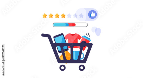 E-commerce Customer Experience: Online Shopping Cart with Product Reviews, Star Ratings, and Feedback Process Illustration