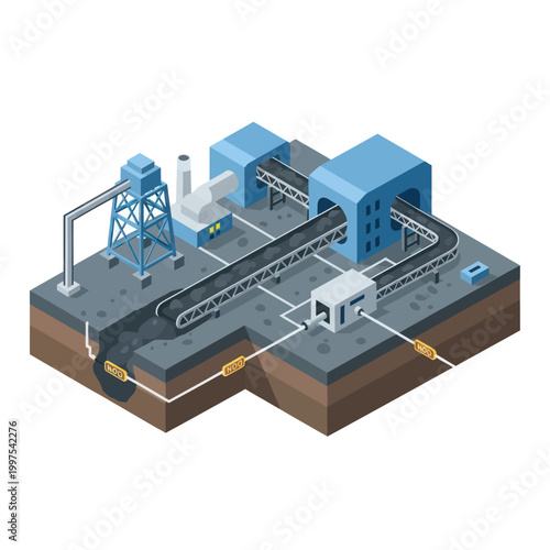 Isometric illustration of a modern industrial factory with conveyor belts and machinery.