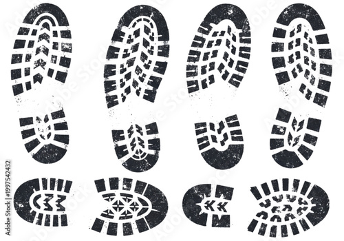 A Collection of Black and White Boot Print Vector Graphics with Intricate Tread Patterns for Design and CAD Applications