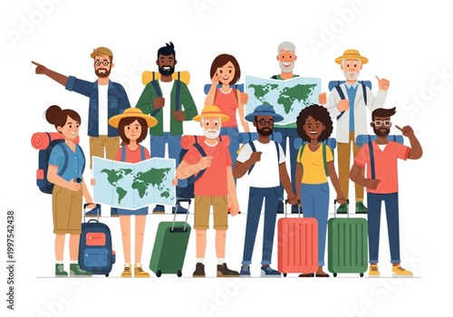 Diverse Group of Adventurous Travelers with Maps and Luggage Ready for Global Exploration
