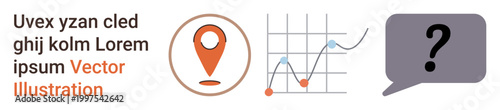 Data analytics, location services, decision-making, communication, info interpretation, and trends. Visual includes a location pin, statistical graph and speech bubble. Data analytics and location