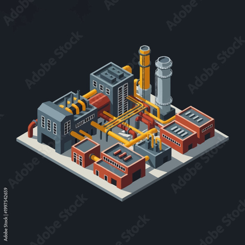 Industrial factory complex with pipes and chimneys isometric view.