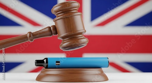 Legal Crackdown on Vaping: Judicial Gavel Striking Disposable E-Cigarette with UK Flag Background