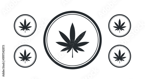 Five circular emblem icons show a black cannabis leaf silhouette in various sizes for medical or herbal use.