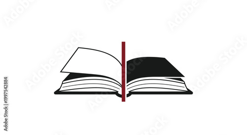 Minimalist black and white icon of an open book is divided by a single vertical red line on a white background.