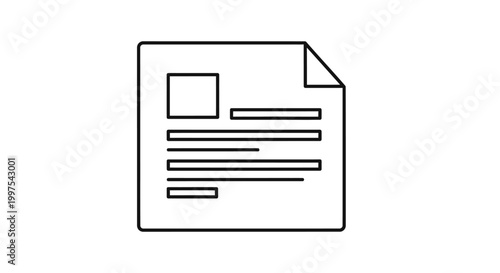 Document Icon, Paper Form with Text Lines and Square Box, Simple Outline Graphic