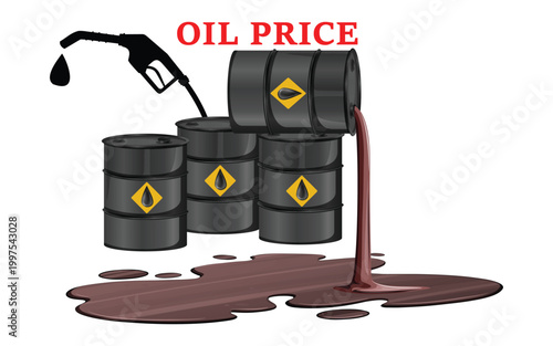oil price concept with barrels and spilling crude oil vector illustration, fuel market crisis pollution energy industry design