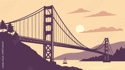 Golden Gate Bridge vector silhouette, aesthetic sunset sky