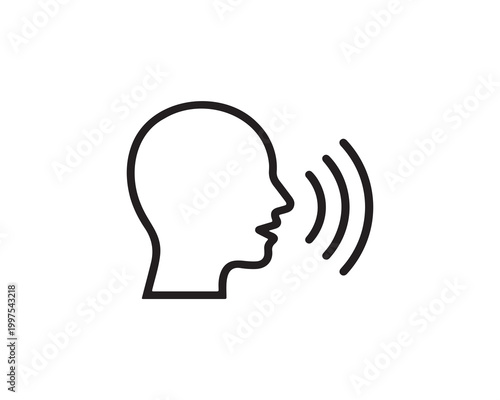 Black outline of human head in profile facing right, three curved lines from mouth symbolizing sound waves, minimalist vector style, geometric design, communication and voice icon on white background