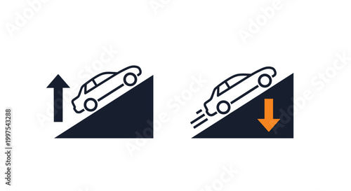 Two icons showing a car driving up a steep hill with an up arrow and driving down a slope with a down arrow for road safety.