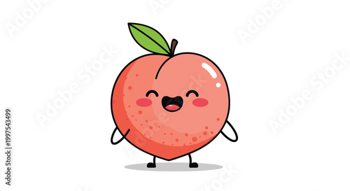 Adorable peach fruit character with a happy smiling face and rosy cheeks standing on a white background with a small green leaf.